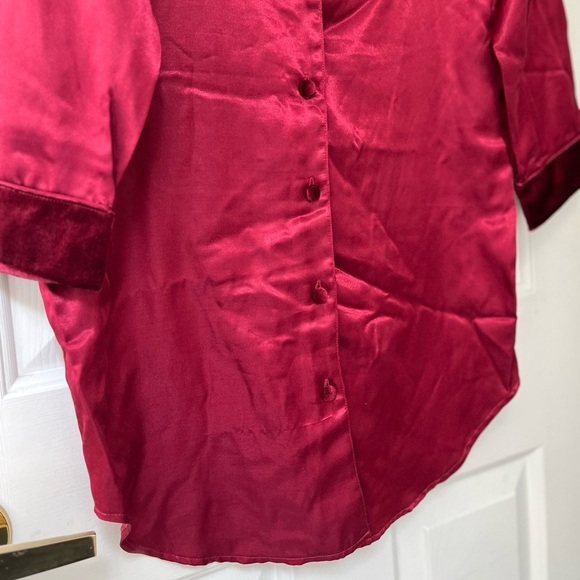 Vintage Satin Velvet Trim Pyjama Shirt Dress S Ruby - Picture 6 of 15